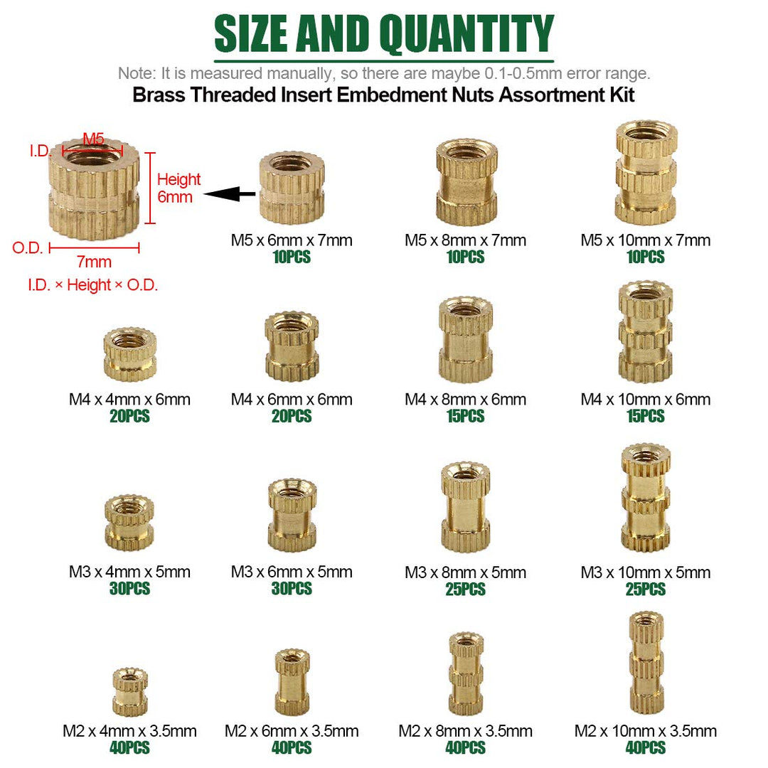 370PCS M2 M3 M4 M5 Female Thread Knurled Nut Brass Threaded Insert Embedment Nuts Assortment Kit