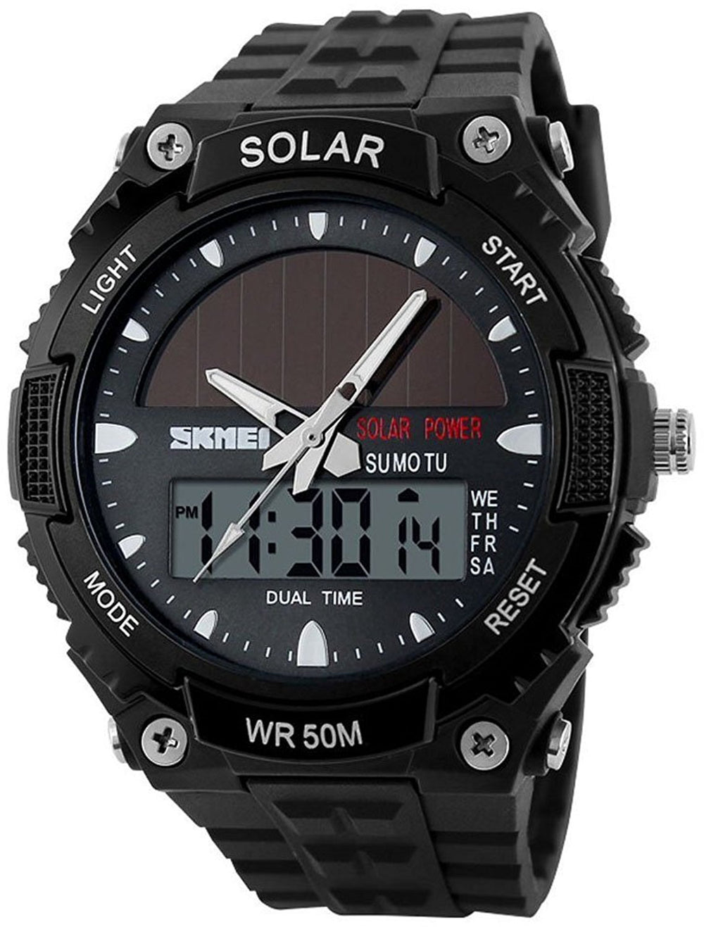 Men's Solar Powered Casual Quartz Wrist Watch Analog Digital Multifunctional Black Sports Watch (Black)