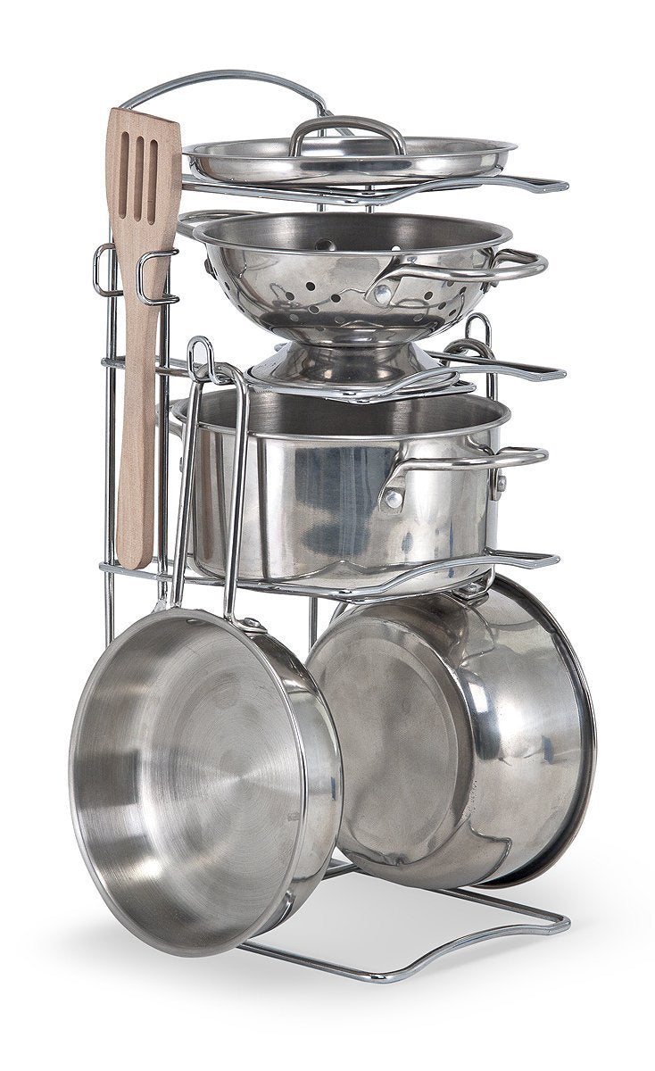 Stainless Steel Pots and Pans Pretend Play Kitchen Set for Kids (8 pcs) - Kids Kitchen Accessories Set, Toy Pots And Pans For Kids Kitchen, Cooking Toys For Kids Ages 3+