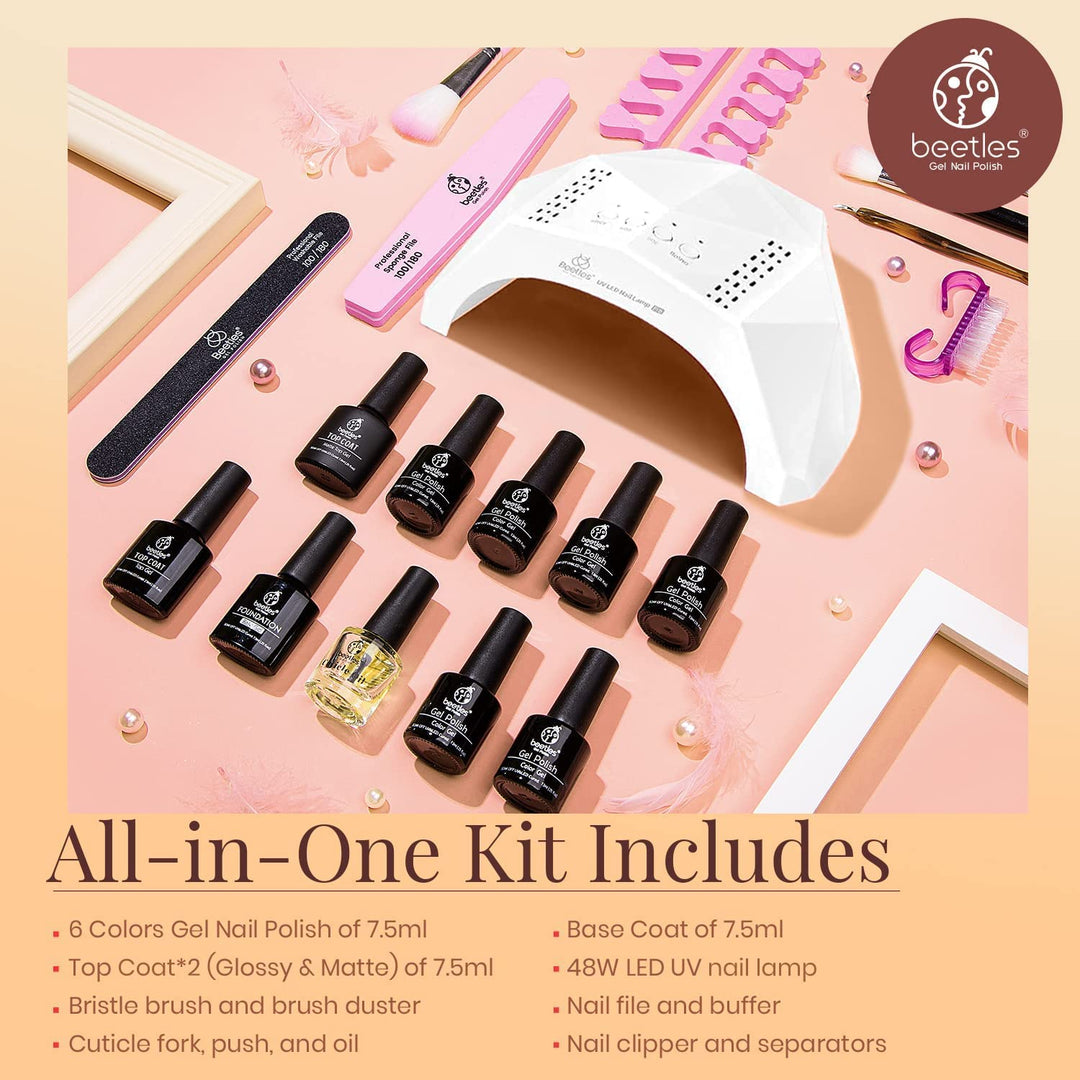 Beetles Gel Nail Polish Kit with 48W U V Nail Lamp, 6 pcs Blue White Nude Pink Glitter Gel Polish Set Base Gel Top Coat DIY Decorations Manicure Gifts Light Pink Gel Nail Polish for Women