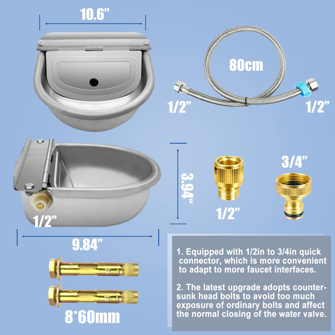 Automatic Animal Drinking Water Bowl with Float Valve, 304 Stainless Steel Kit Includes Bowl, Pipe, 2 Valves, Quick Connector Adapter and Countersunk Bolts. (Auto-Filling)
