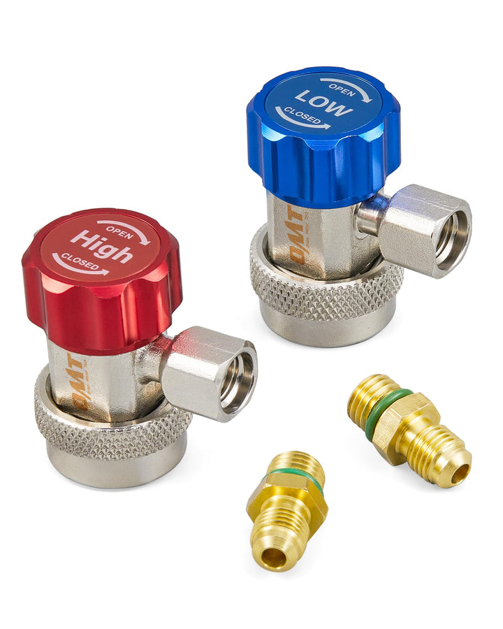 R134a Quick Coupler Adapter, Adjustable R134a Adapters and AC Hose Fittings, HP and LP Connectors for R134a Car AC System Evacuation Recharging and More, 1/4 Flares, Set of 2