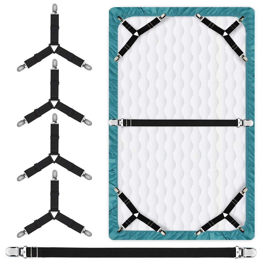 Bed Sheet Straps Set 4+1 Pcs. Sheet Holders for Corners, Bedsheet Clips Elastic Adjustable Sheet Fasteners Heavy Duty Fitted Sheet Grippers for Bedding Sheet (Black)
