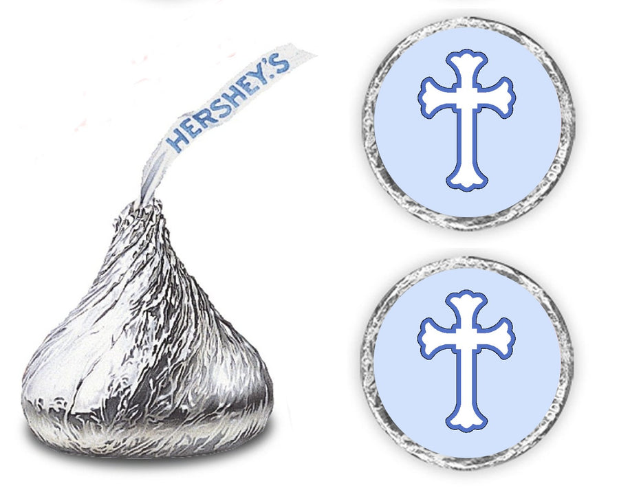 216 Blue Cross Kisses Stickers Labels - Cross for Baptism, Christening, Communion or Baby Shower, Kisses Labels Favors (Blue)