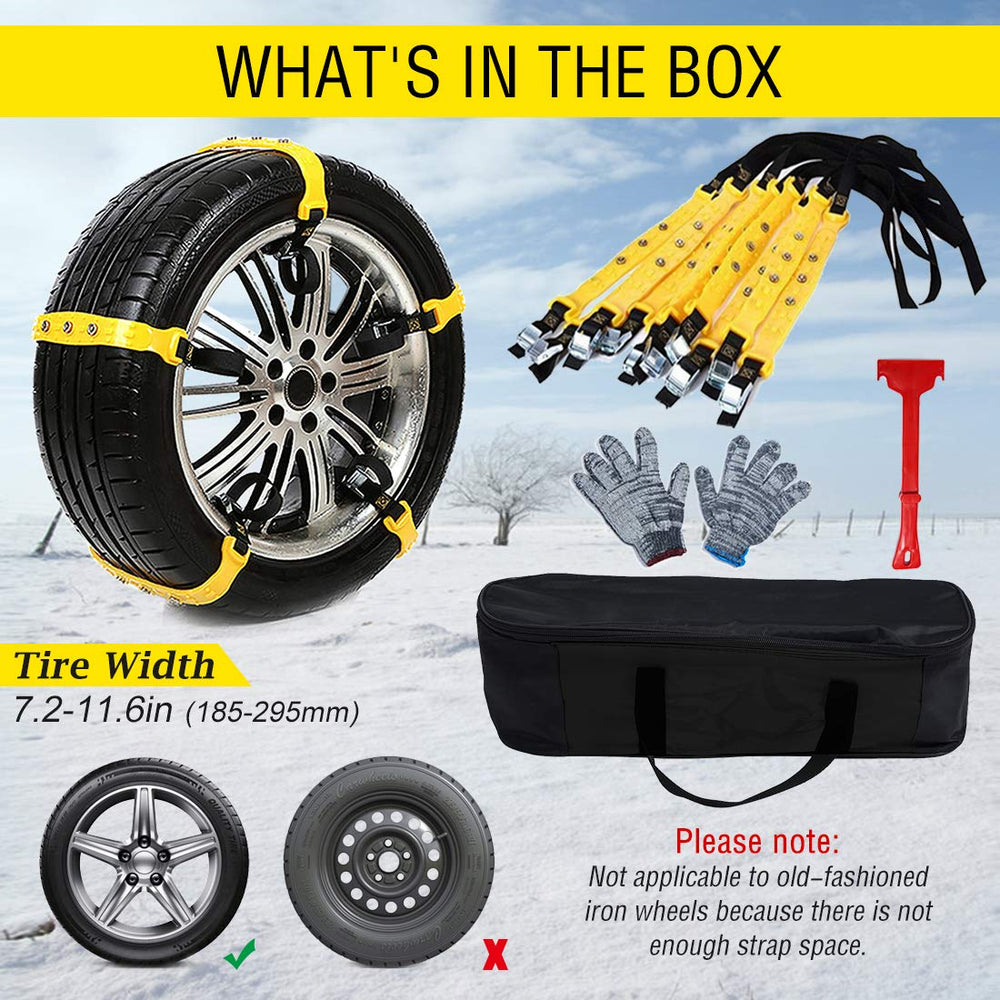 Snow Chains, Snow Tire Chains Car Anti Slip Adjustable Anti-Skid Chains Car Tire Snow Chains for Car/SUV 10Pcs (Yellow-1) Truck Width 7.3”-11.7”(185mm-295mm)