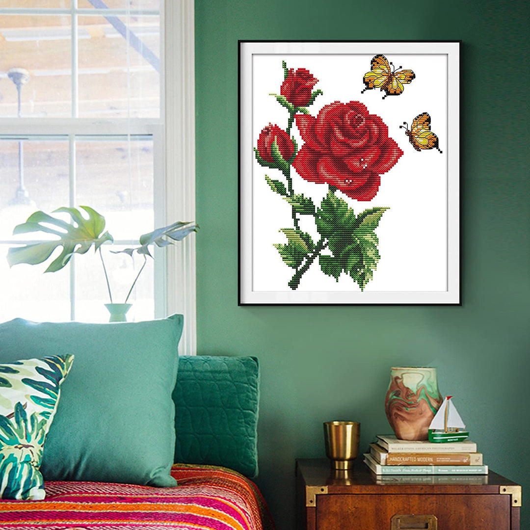 Stamped Cross Stitch Kits for Beginners Full Range of Crossstitching Kits Preprinted Pattern for Kids or Adults, Embroidery Needlepoint Starter Kits 14CT 2 Strands-Butterflies Rose,10.2&#39;&#39;x11.8&#39;&#39;