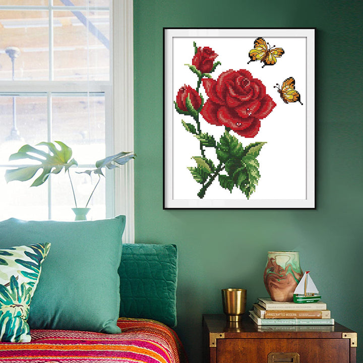 Stamped Cross Stitch Kits for Beginners Full Range of Crossstitching Kits Preprinted Pattern for Kids or Adults, Embroidery Needlepoint Starter Kits 14CT 2 Strands-Butterflies Rose,10.2&#39;&#39;x11.8&#39;&#39;