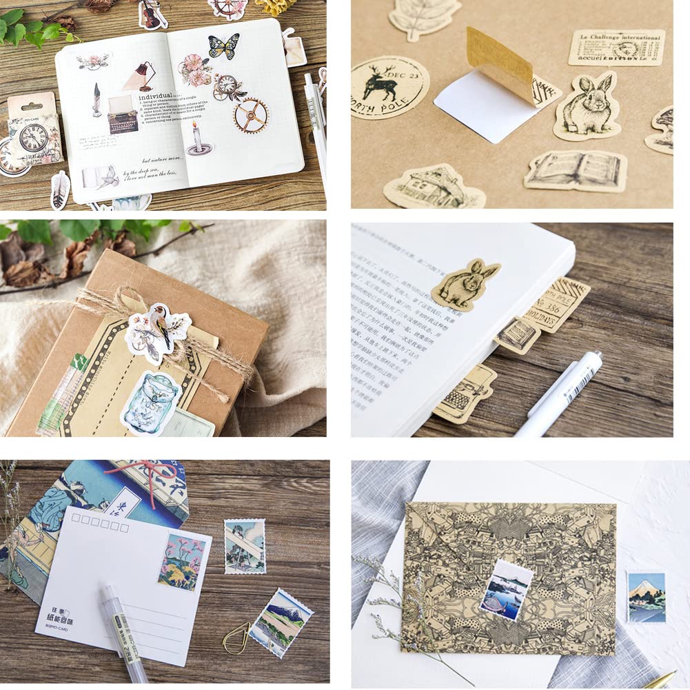 Kawaii Vintage Paper Journaling Sticker Set Animal Plant Owl Rabbit Bird Pocket Watch Famous Painting Hot Air Balloon Hemisphere for Gift Packing Scrapbooking Album Planner Journal Arts DIY Craft