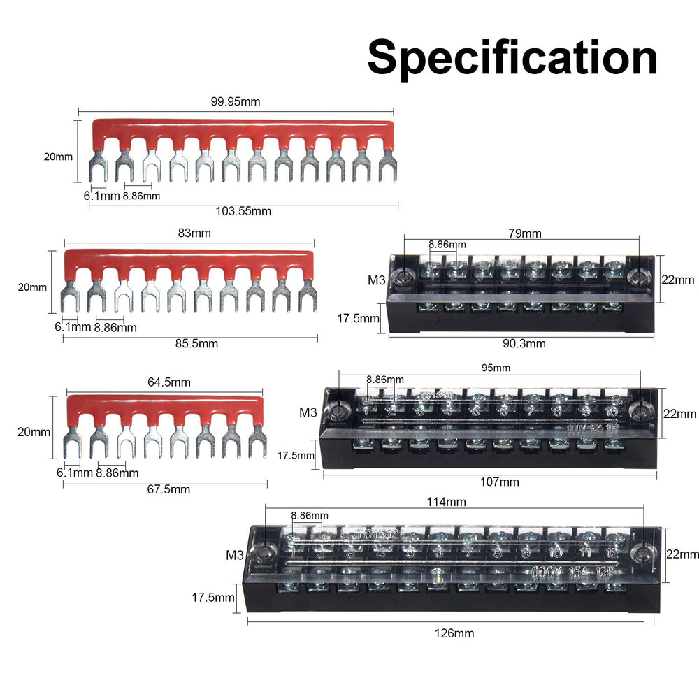 Terminal Block and Strip - 6 Sets 8/10/12 Positions 600V 15A Dual Row Wire Screw Terminal Strip Block with Cover + 400V 15A Pre-Insulated Terminals Barrier Strips Jumpers (Black & Red)