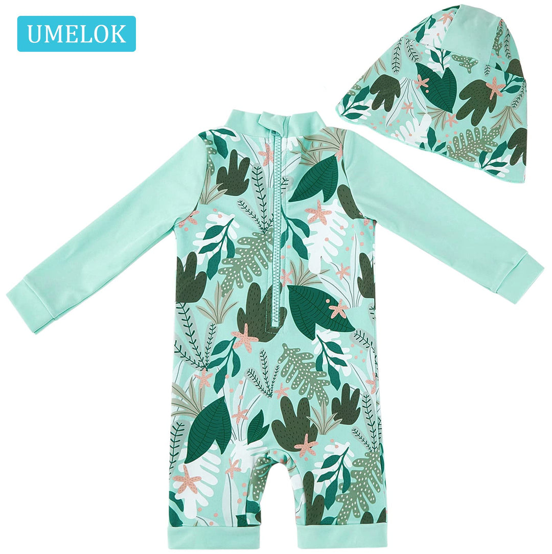 Baby Girls Swimsuit UPF 50+ Sun Protection One Piece Bathing Suits with Hat (Green Tropical plants, 3-6 months)