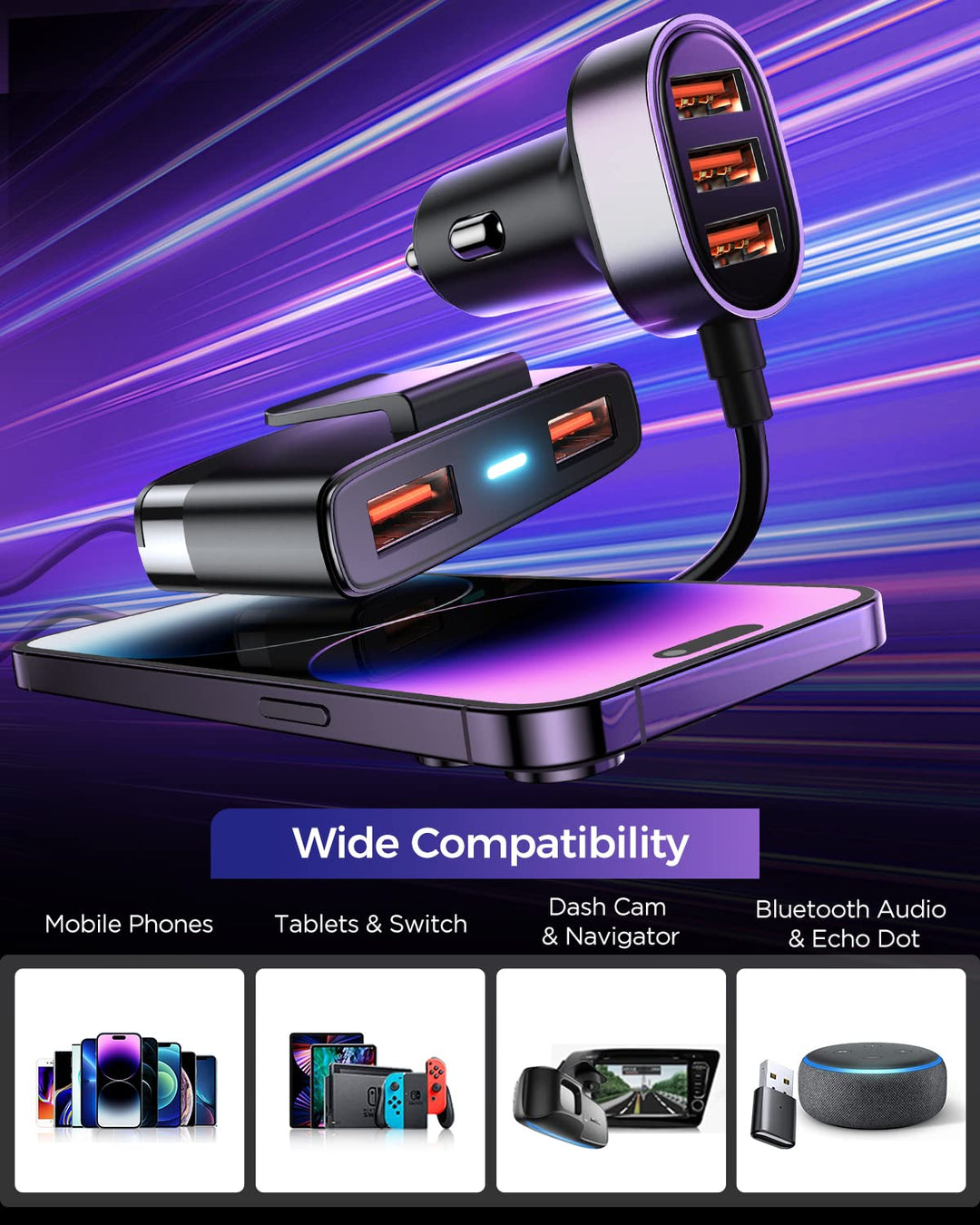 5-in-1 Car USB Charger Multi Port, 12V Car Phone Charger Adapter for Multiple Devices, Car Cigarette Lighter USB Charger with 5FT Extension Cable for Back Seat Charging