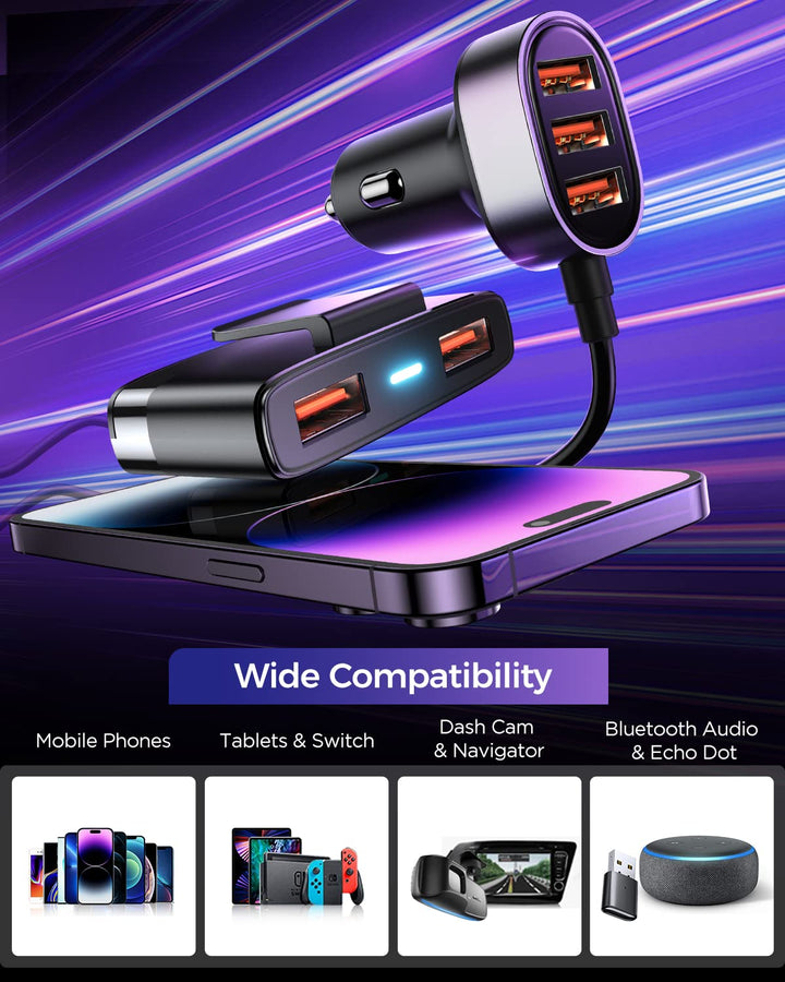 5-in-1 Car USB Charger Multi Port, 12V Car Phone Charger Adapter for Multiple Devices, Car Cigarette Lighter USB Charger with 5FT Extension Cable for Back Seat Charging