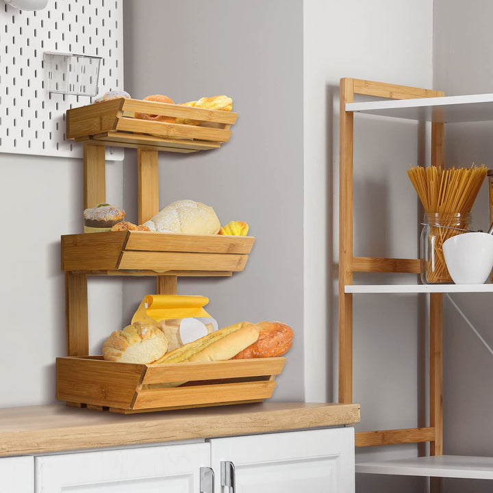 Bamboo Fruit Basket for Kitchen Counter, 3 Tier Fruit Basket Fruit Stand Holder for Fruit and Vegetable Storage, Fruit Bowl with Banana Hanger for Countertop (Easily Assembled)