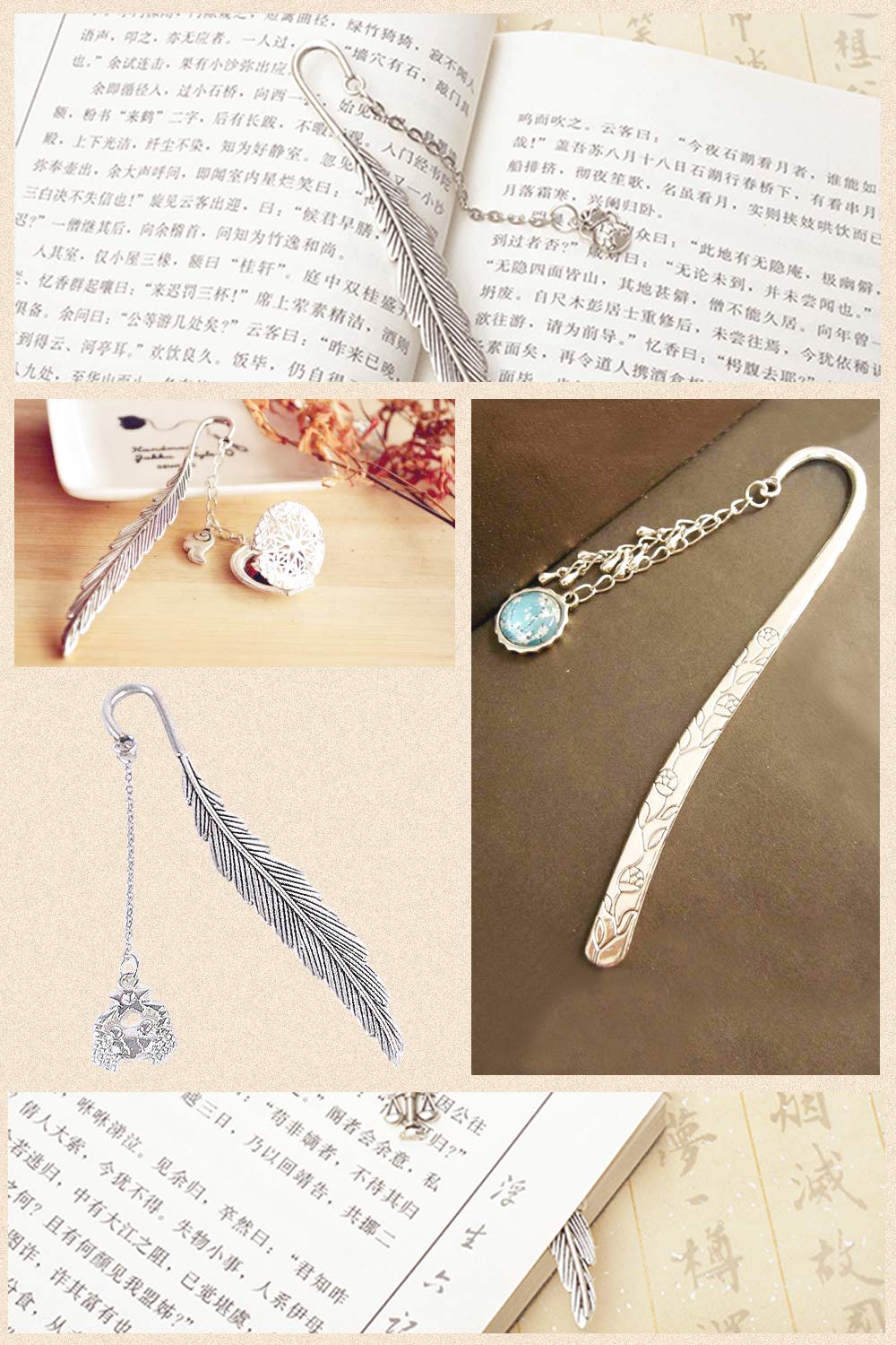 HOSTK 40pc Silver Metal Bookmark Hairpin Hook Carved An
