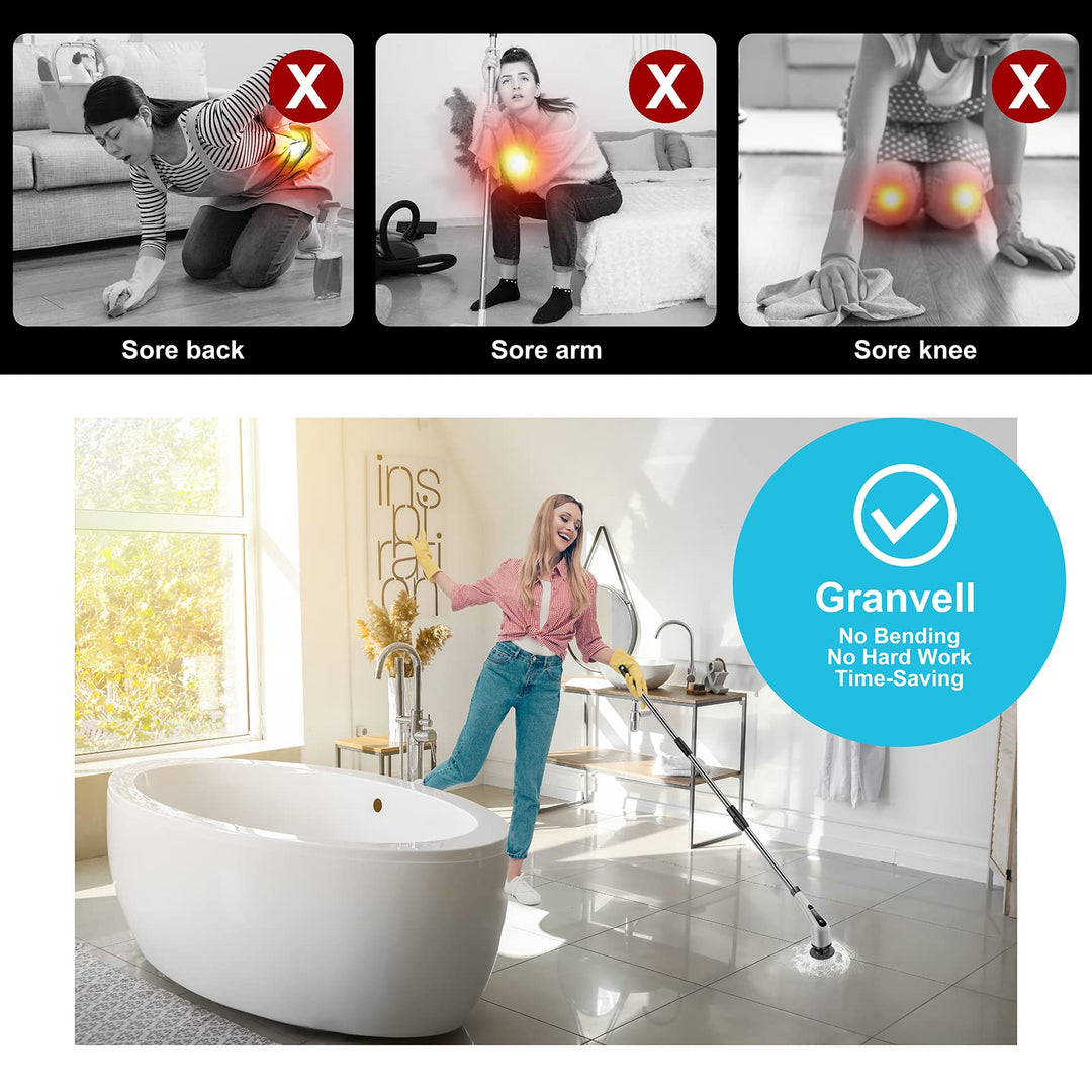 Granvell Electric Spin Scrubber, Power Shower Scrubber with 7 Brush Heads, Portable Household Tools &amp; Cordless Cleaning Machine, Bath Tub Scrub with Long Handle for Bathroom Floor Tile(Grey)