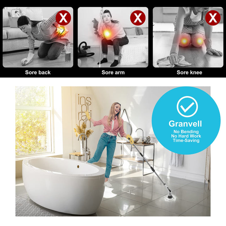 Granvell Electric Spin Scrubber, Power Shower Scrubber with 7 Brush Heads, Portable Household Tools &amp; Cordless Cleaning Machine, Bath Tub Scrub with Long Handle for Bathroom Floor Tile(Grey)