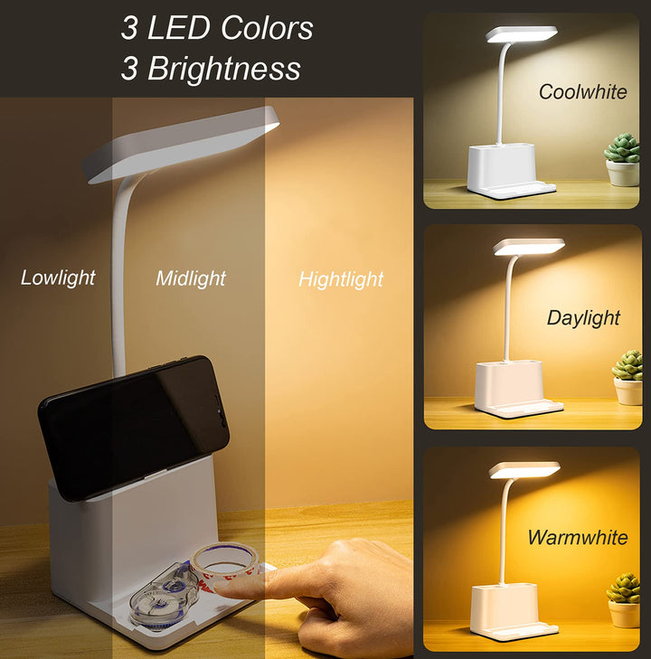 LED Desk Lamp with Pen &amp; Phone holder, USB Rechargeable Book Reading Light,Eye-Caring Study Lamp for Kids, Touch Table Lamp with Flexible Gooseneck for Home,Office,3 Color Modes &amp; Stepless Dimming