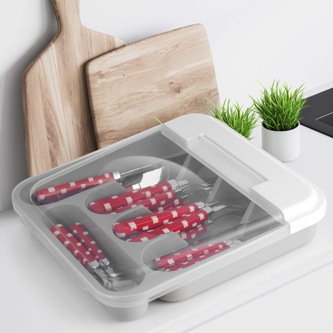 Flatware Plastic Tray with Hinged Lid, Kitchen Cutlery and Utensil Drawer Organizer, Silverware Countertop Storage Container with Attached Cover