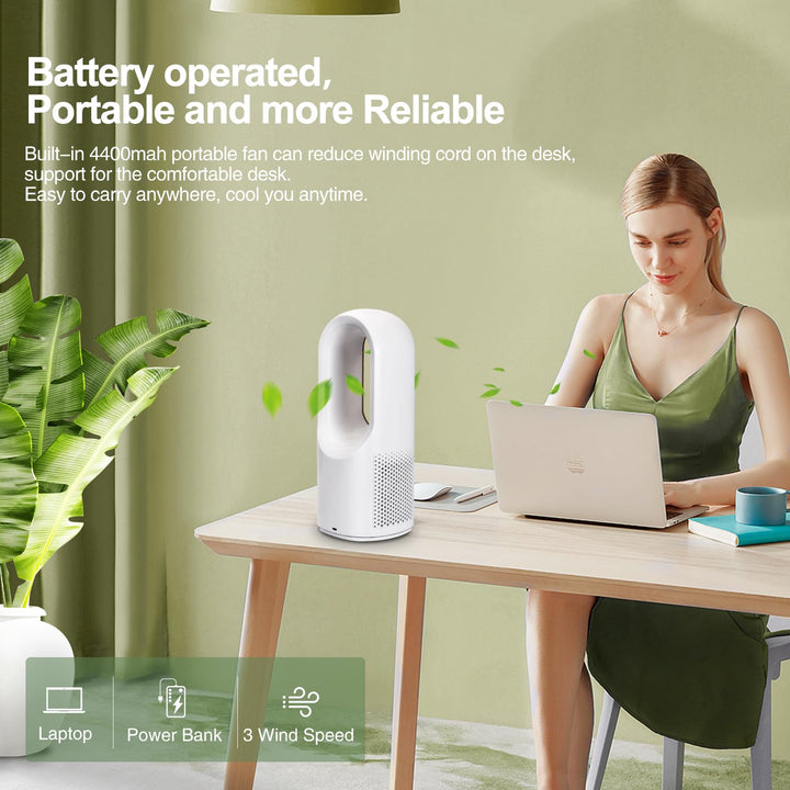 Desk Fan Portable, Battery Operated,Quiet Desktop Fan Bladeless with 3 Cooling Speeds, 11.8 Inch Touch Control Personal Fan for Bedroom, Office, Home, Outdoor (White)