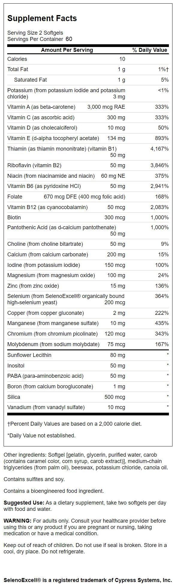 Multi Without Iron Multivitamin Health Supplement Iron-Free Formula 120 Softgels Sgels