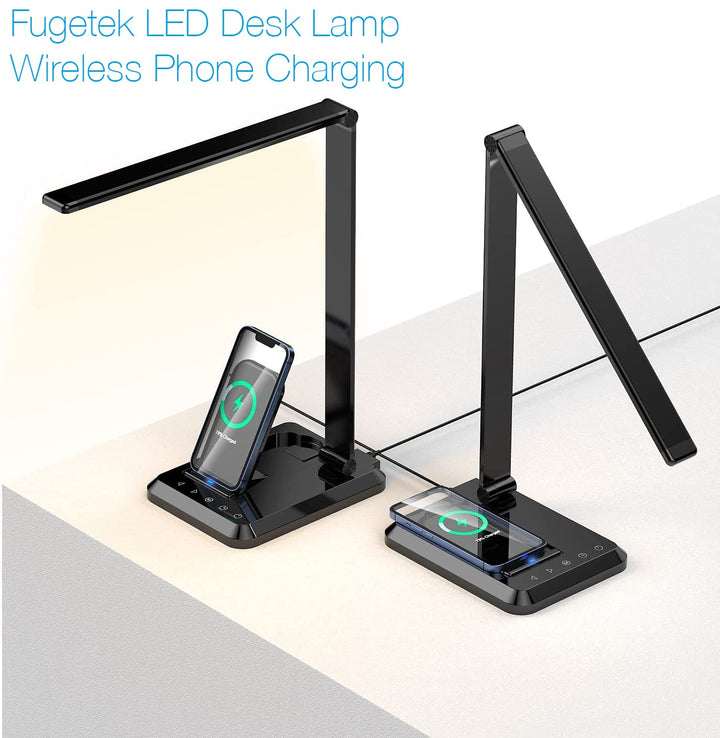 LED Desk Office Lamp with Wireless Charger &amp; USB Charging Port, Touch Control, 5 Lighting Modes, 30/60 Min Auto Timer, Eye-Caring, Dimmer, Black