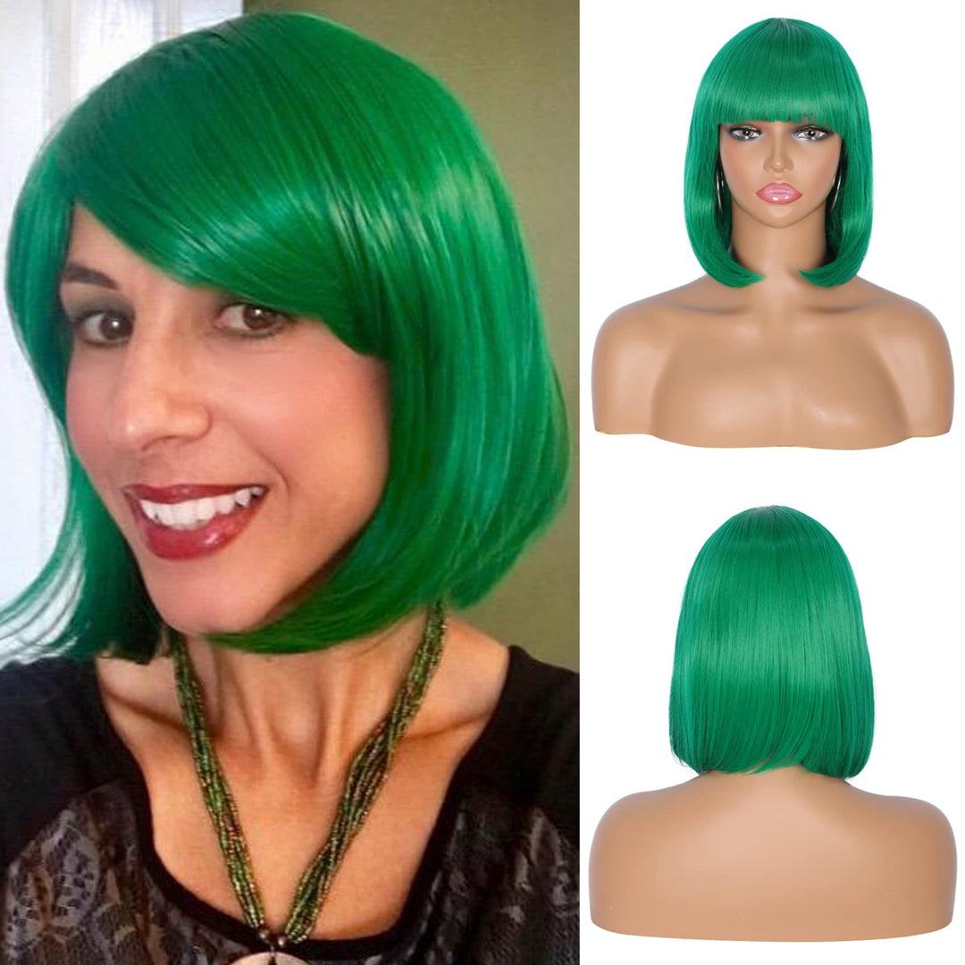 Womens Cosplay Party Kanekalon Synthetic Fiber Short Straight Dark Green Bob Hair Full Wigs