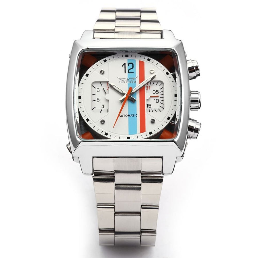 Mens Outdoor Sports Automatic Mechanical Analog Date Day Army Silver Stainless Steel Wrist Watch