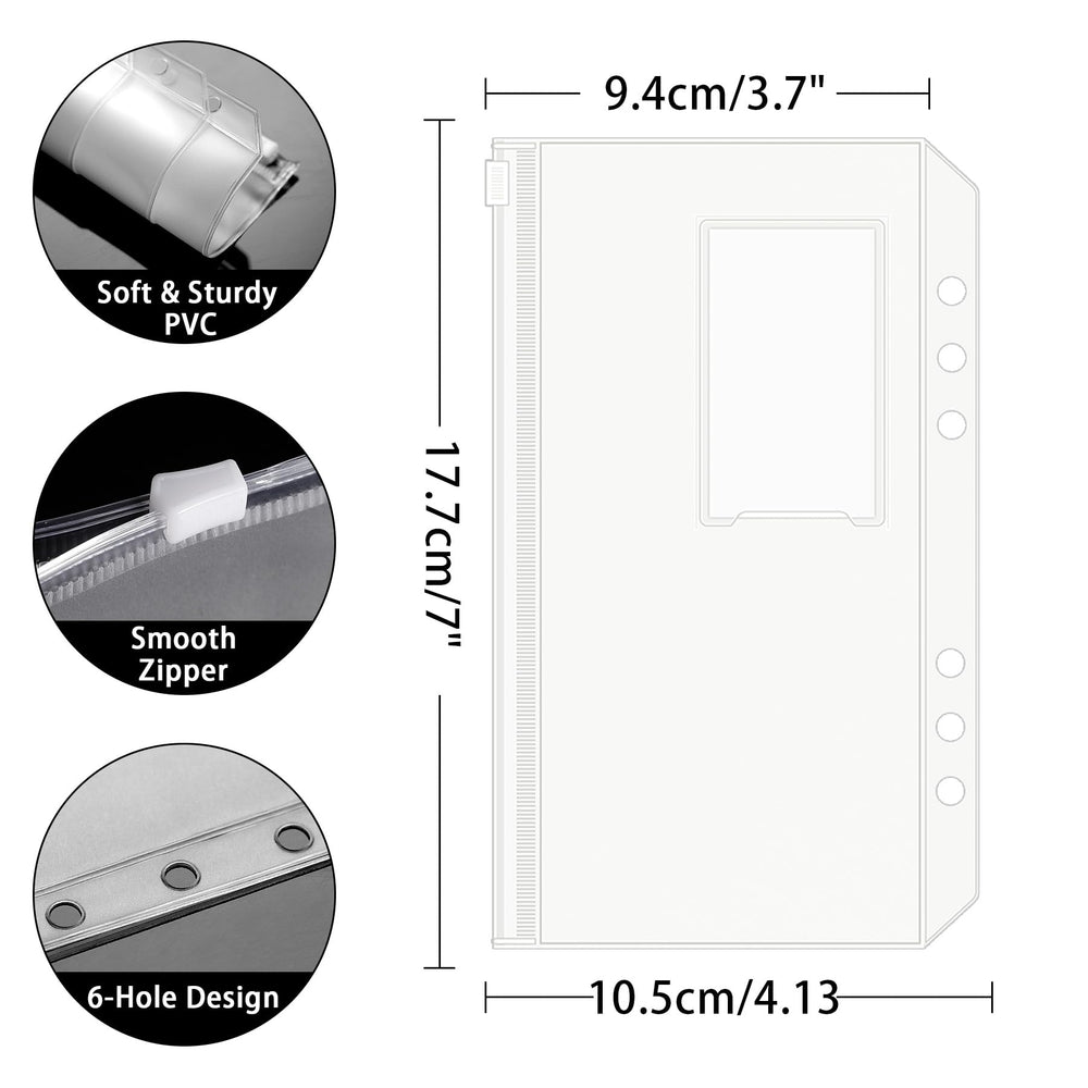 12PCS A6 Size Binder Pockets with Label Pocket, PVC Cash Envelopes for Budgeting, Clear 6-Holes Zipper Budget Envelopes for Cash Saving, Waterproof Binder Pouches for A6 6-Ring Notebook Binder
