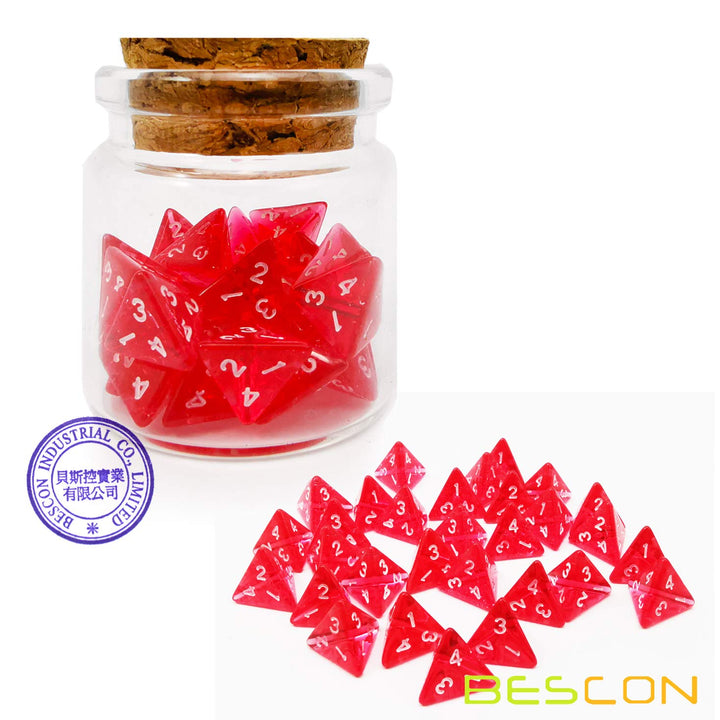 Bescon Mini Transparent Red D4 Dice 30pcs Healing Potion Bottle, 30pcs Roleplaying Mini Red Gem D4 Dice Healing Potion Pack in Glass Jar
