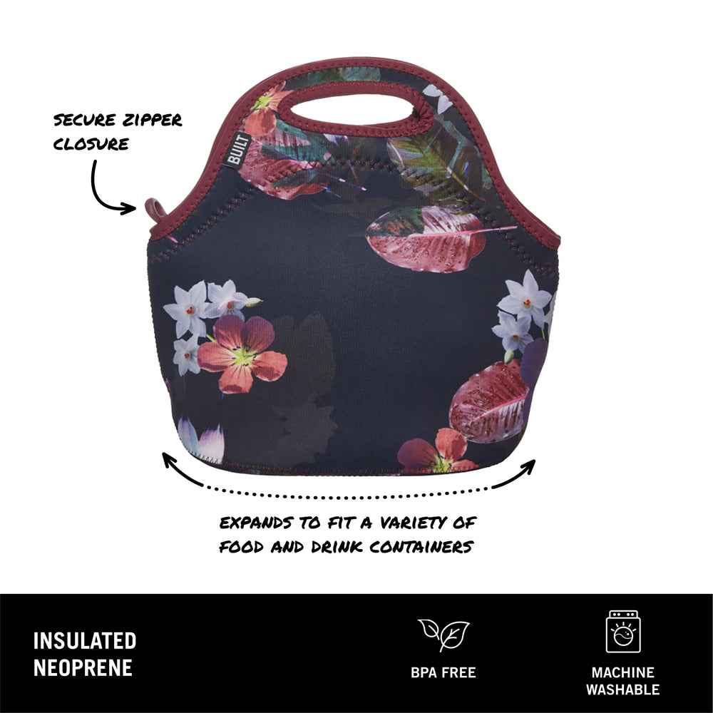 BUILT Gourmet Getaway Soft Neoprene Lunch Tote, Lightweight, Insulated, and Reusable, One Size, Midnight Botanical