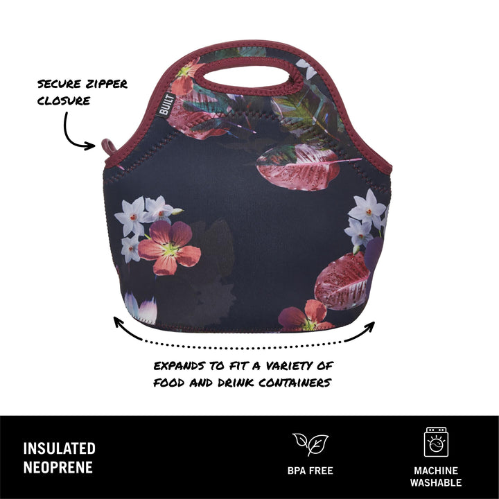 BUILT Gourmet Getaway Soft Neoprene Lunch Tote, Lightweight, Insulated, and Reusable, One Size, Midnight Botanical