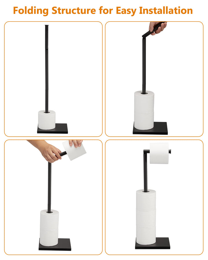 Free Standing Bathroom Toilet Paper Holder Stand with Reserve, Stainless Steel Pedestal Tissue Roll Holder, Black