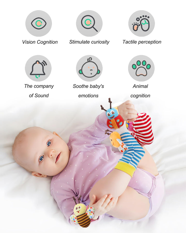 Baby Wrist Rattle, Handheld Rattles and Rattle Socks, Foot Rattle Leg Rattle Ankel Rattle, Soft Newborn Baby Rattle Toys for Infant Boy or Girl (4 PCS - BR)