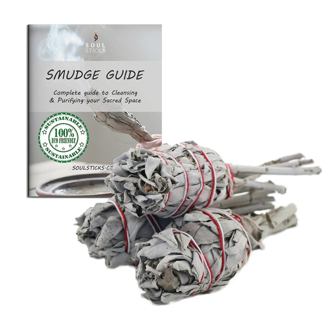 Smudge Sticks 3 Pack for Cleansing House, Meditation, Yoga, Negative Energy Cleanse, and Smudging with Starter Guide | 4 Inch Organic Sage Bundles (White Sage Torch)