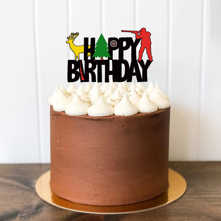 Colorful Glitter Hunting Theme Happy Birthday Cake Topper,Gone Hunting Hunter Camping Themed Cake Decor,Kids Boy Girl Men Happy Birthday Party Supplies