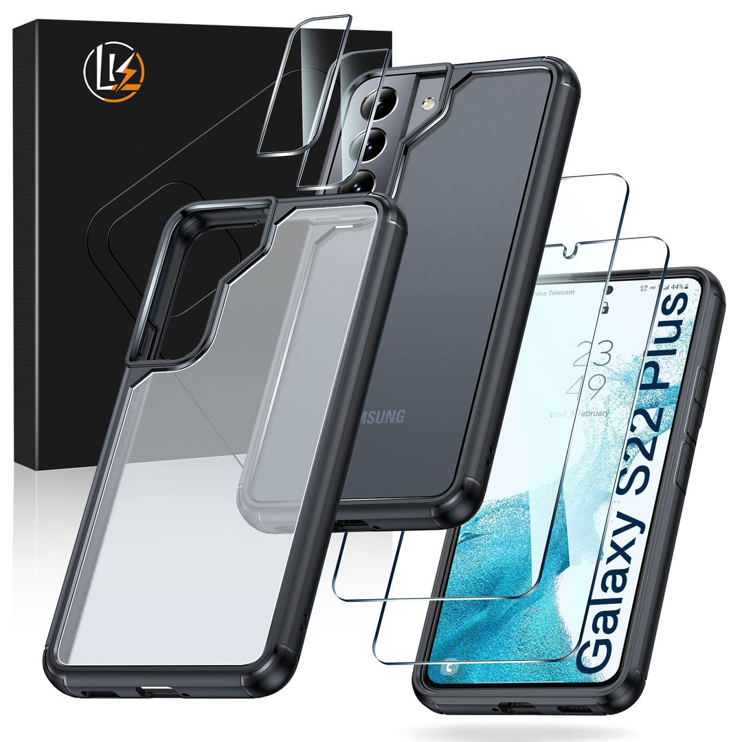[5-in-1 for Samsung Galaxy S22 Plus Case, 2 Pack Tempered Glass Screen Protector + 2 Packs Lens Protector, Matte-Finish, All-Round Protection, Shockproof, Anti-Scratches Kit for Galaxy S22 + 5G