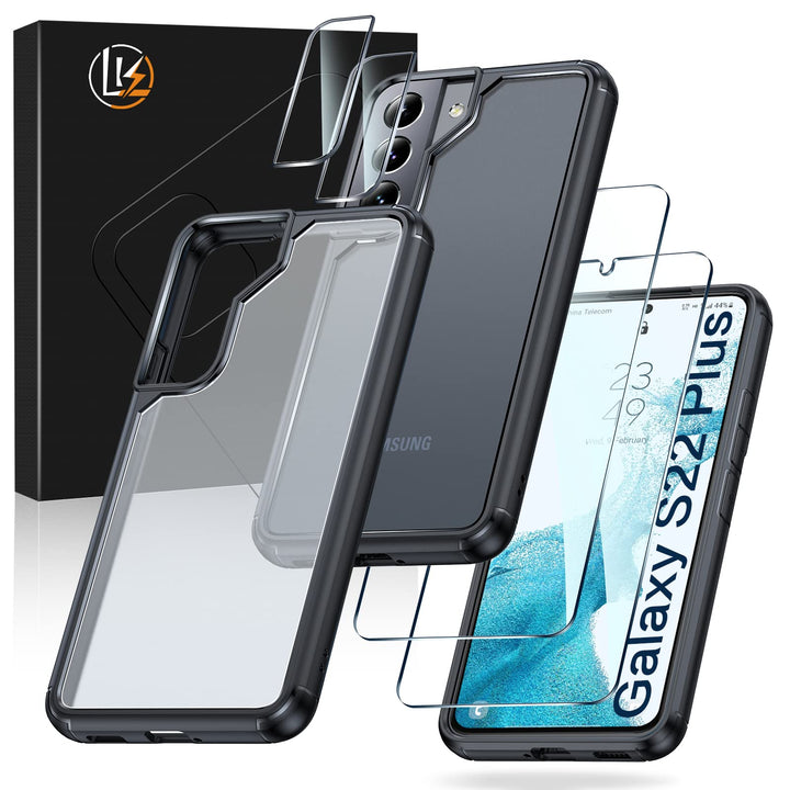 [5-in-1 for Samsung Galaxy S22 Plus Case, 2 Pack Tempered Glass Screen Protector + 2 Packs Lens Protector, Matte-Finish, All-Round Protection, Shockproof, Anti-Scratches Kit for Galaxy S22 + 5G