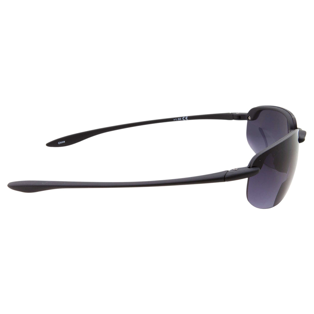 grinderPUNCH Mens Rimless Bifocal Reading Sunglasses Sports Wrap Reader Glasses, Black, +1.50