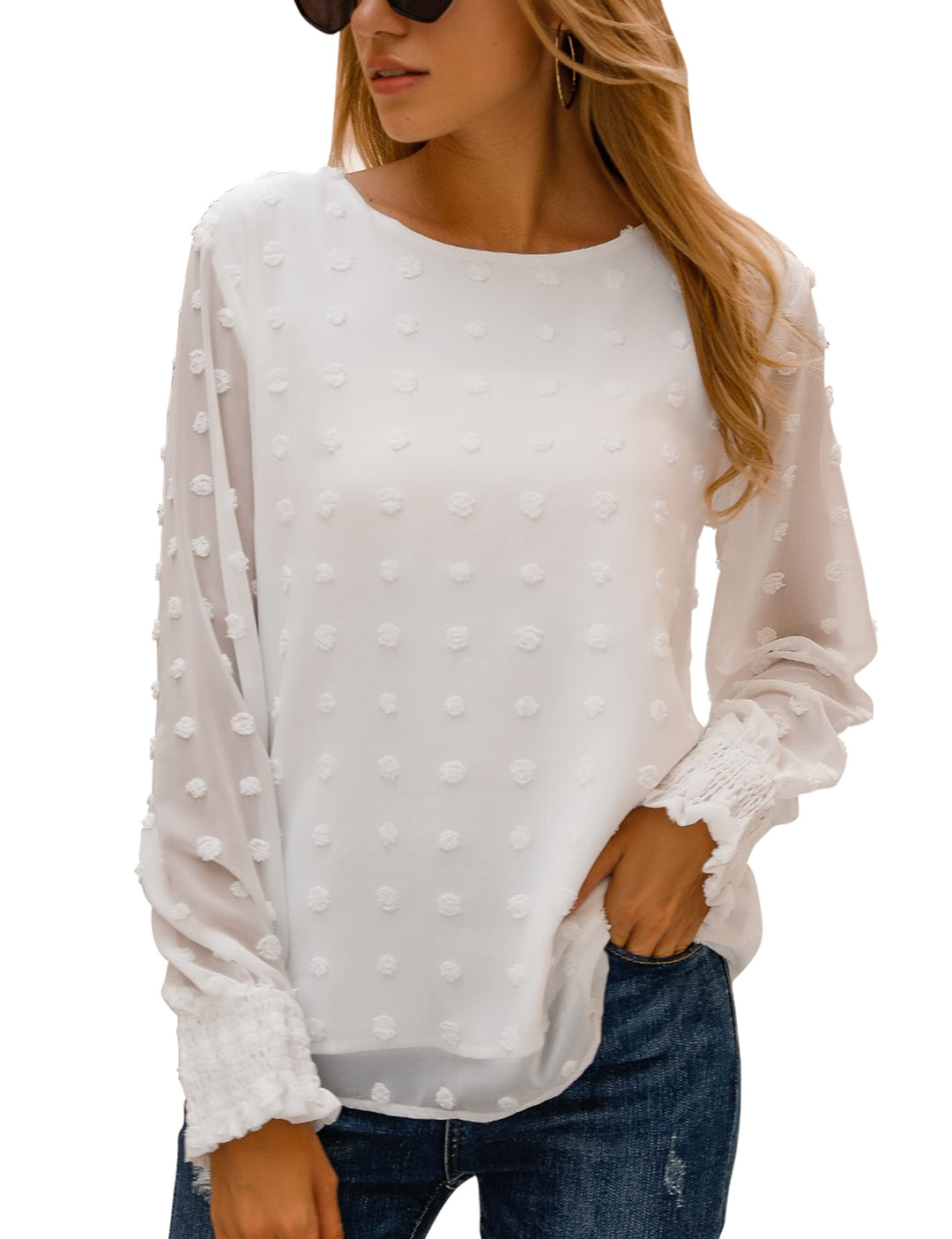 Womens Chiffon Blouses Elegant Lantern Long Sleeve Round Neck Tops Pom Pom Shirts(XXL,White)