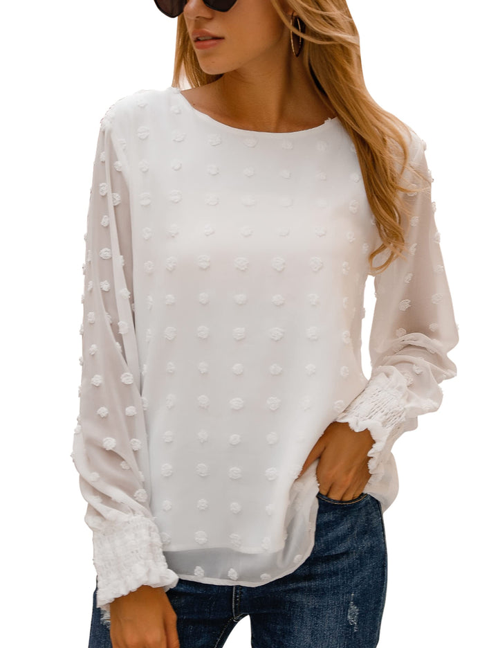 Womens Chiffon Blouses Elegant Lantern Long Sleeve Round Neck Tops Pom Pom Shirts(XXL,White)