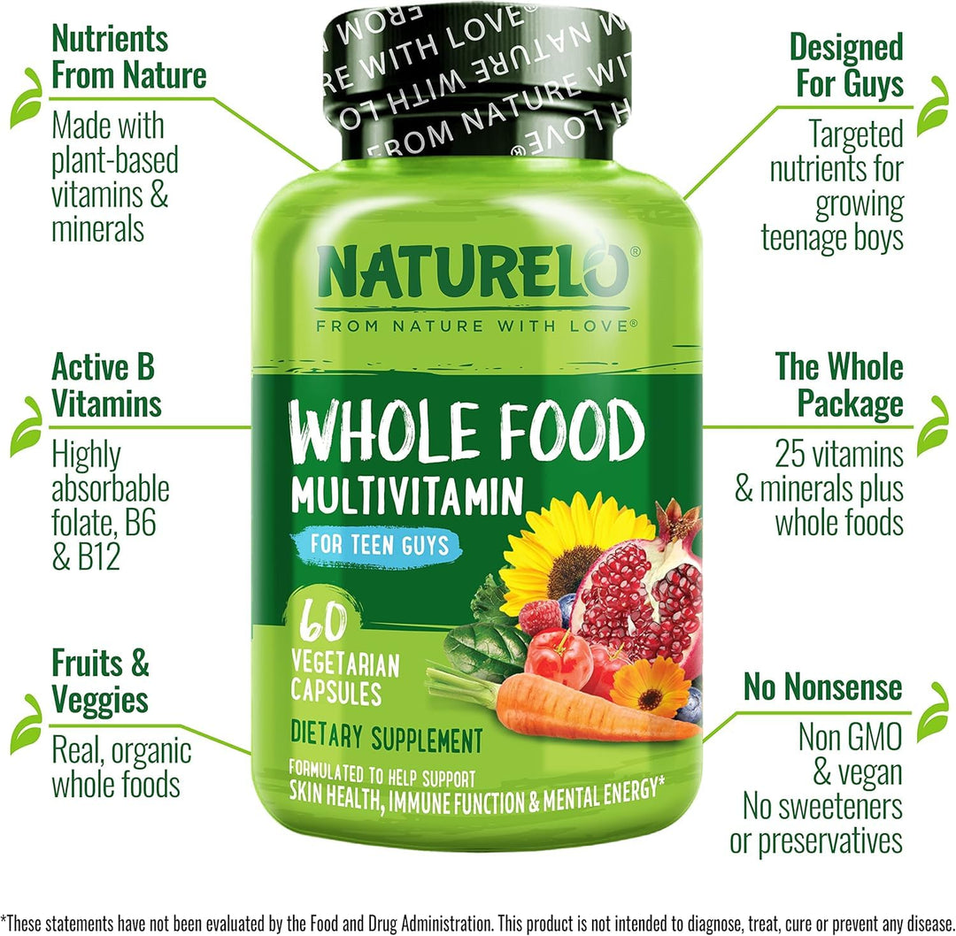 Whole Food Multivitamin for Teenage Boys - Vitamins and Minerals Supplement for Active Kids - with Plant Extracts - Non-GMO - Vegan &amp; Vegetarian - 60 Capsules