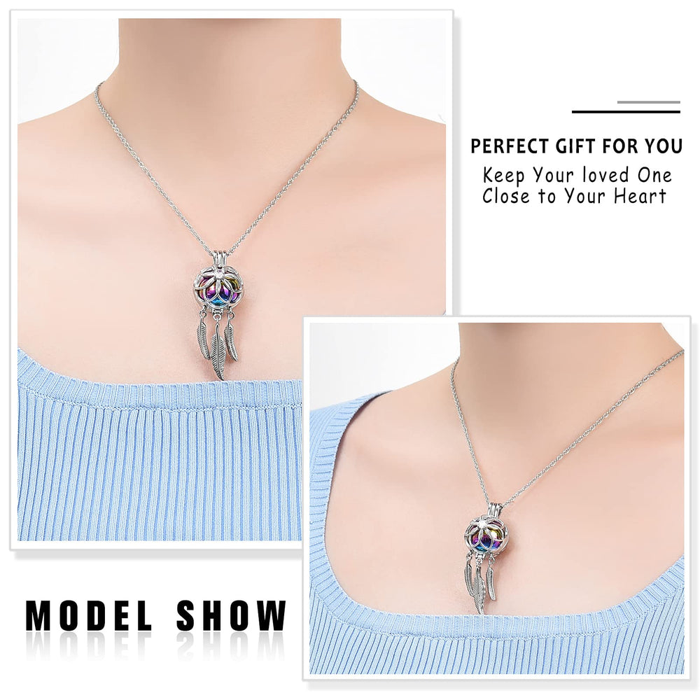 Dream Catcher Urn Necklace for Ashes for Women Men Cremation Jewelry Flower Feather Keepsake Memorial Hollow Pendant,Rainbow