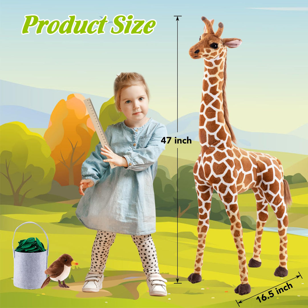 Giant Giraffe Stuffed Animal Set, 47 Inch Large Plush Giraffe Toy with Bird&amp;Basket&amp;Leaves&amp;Card, Big Lifelike Standing Giraffe for Girls Boys