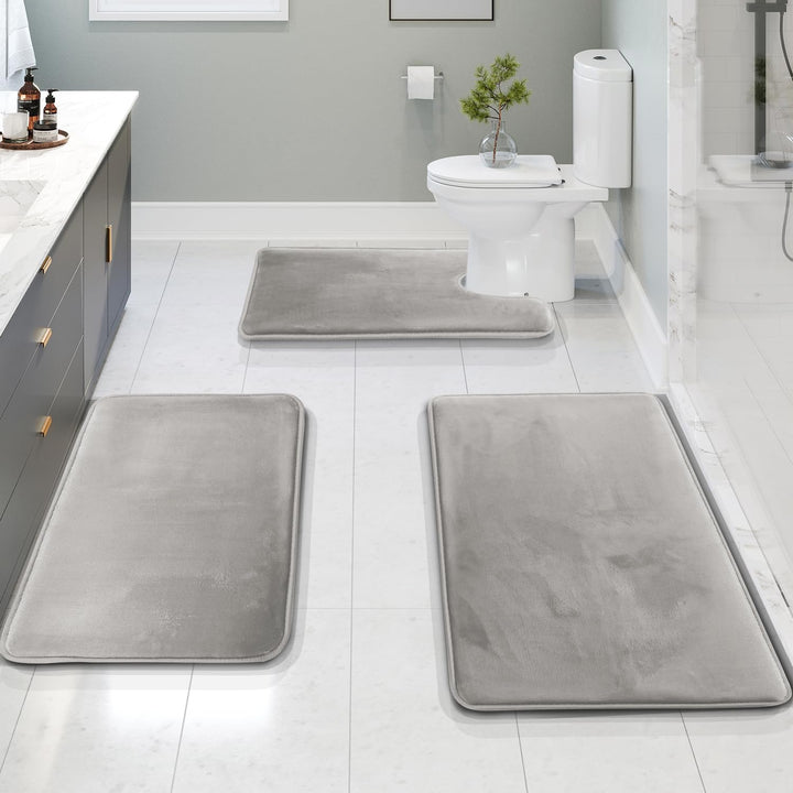 3 Piece Bathroom Rugs Bath Mat Set, Velvet Memory Foam Bath Mats for Bathroom - Non-Slip, PVC Backing Bath Rugs, Washable Bathroom Rug Mats - Dries Quickly, Silver Bathroom Rug Set