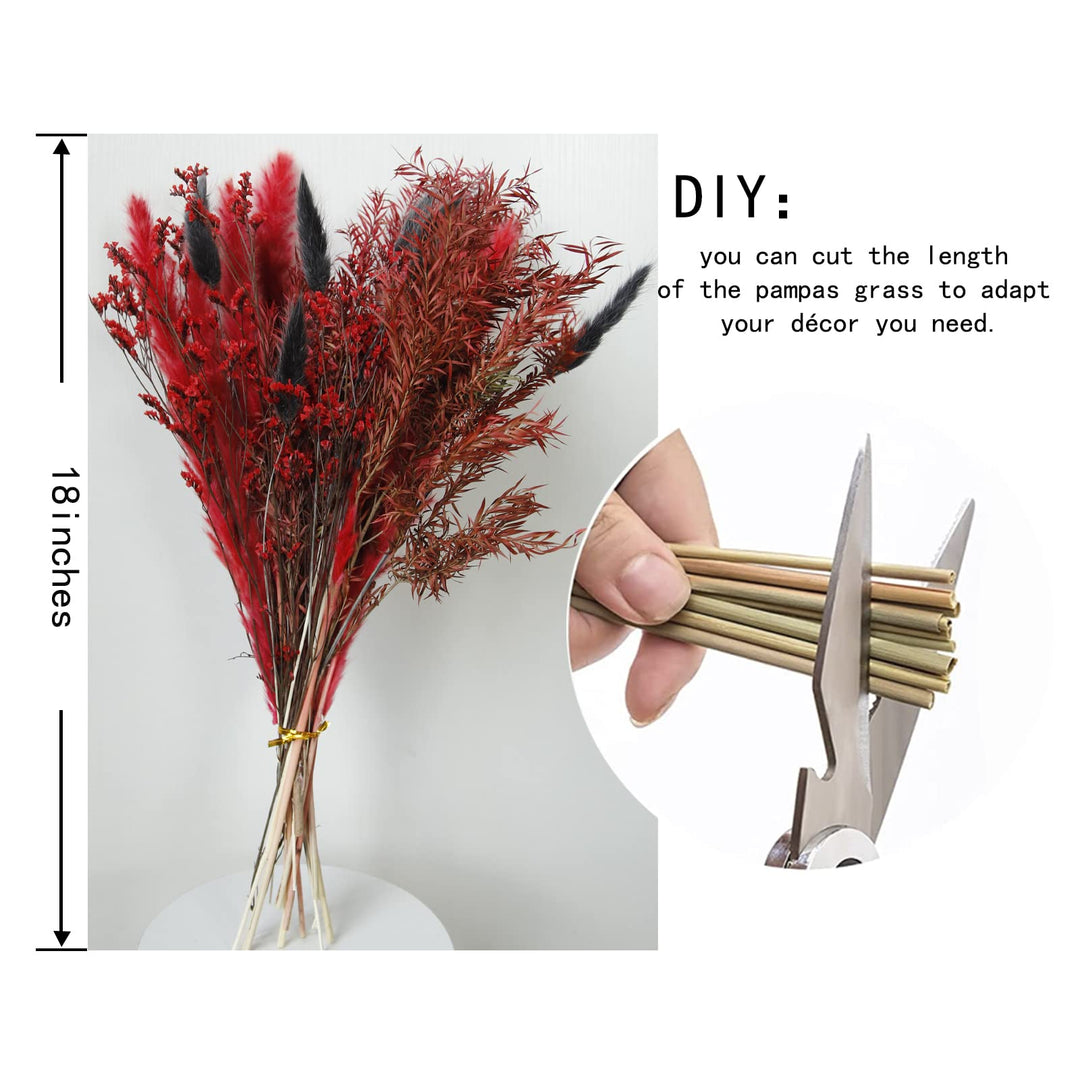 18 Dried Wine Red Pampas 10PcsRabbit Tail Grass 10PcsMelaleuca Bracteata 2PcsCrystal Grass 3Pcs, Dried Flowers Bouquet for Wedding Floral Arrangements Home
