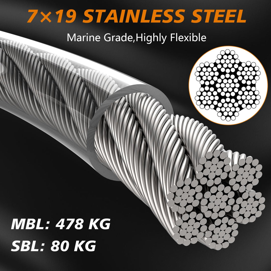 Dog Tie Out Cable 50ft, Outdoor Runner Lead Chain Tether for Small Medium Large Dogs, 5mm Diameter Cable,11000 lbs Break Strength, Reflective Silver