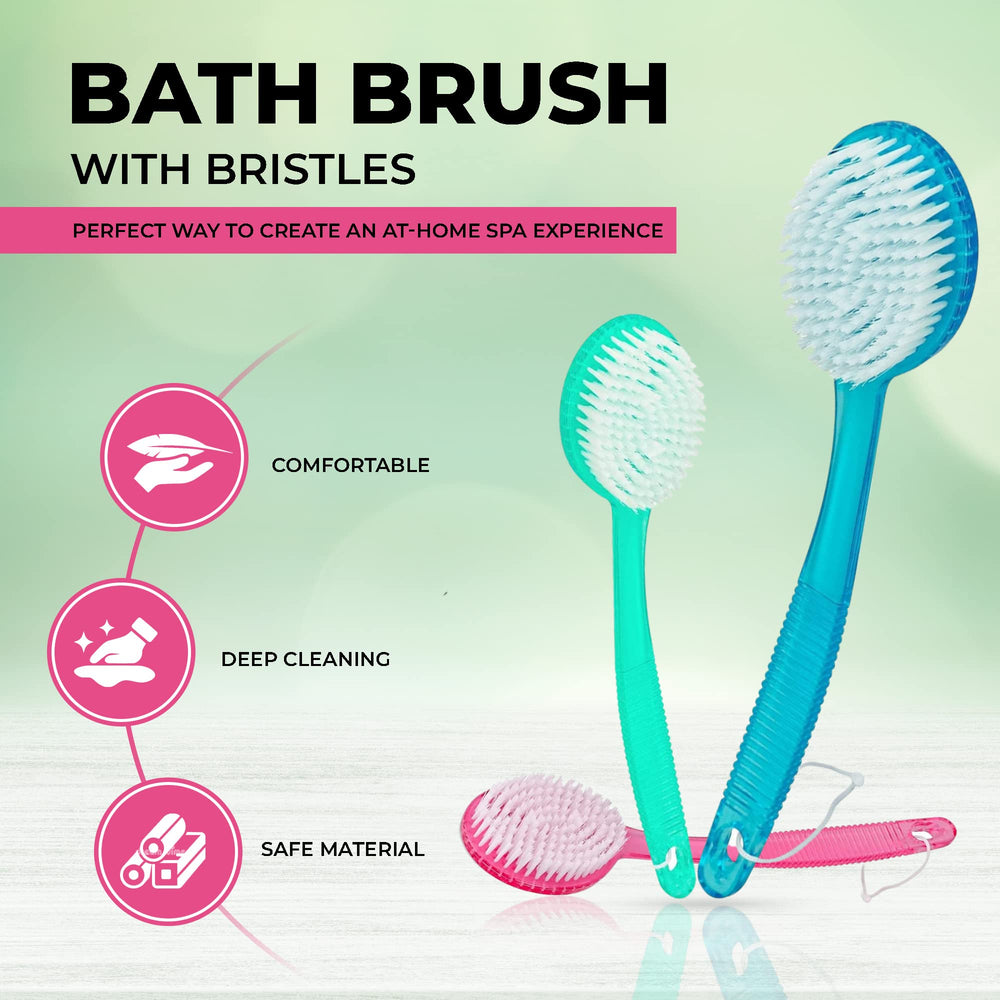 Bath Brush with Bristles, Bath and Shower Scrubber, Long Handle for Exfoliating Back, Body, and Feet (Green, 13in)