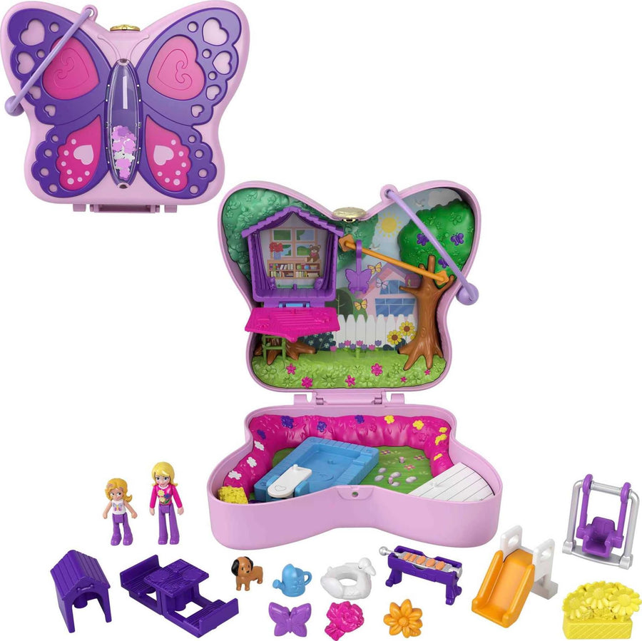 Compact Playset, Backyard Butterfly with 2 Micro Dolls & Accessories, Travel Toys with Surprise Reveals