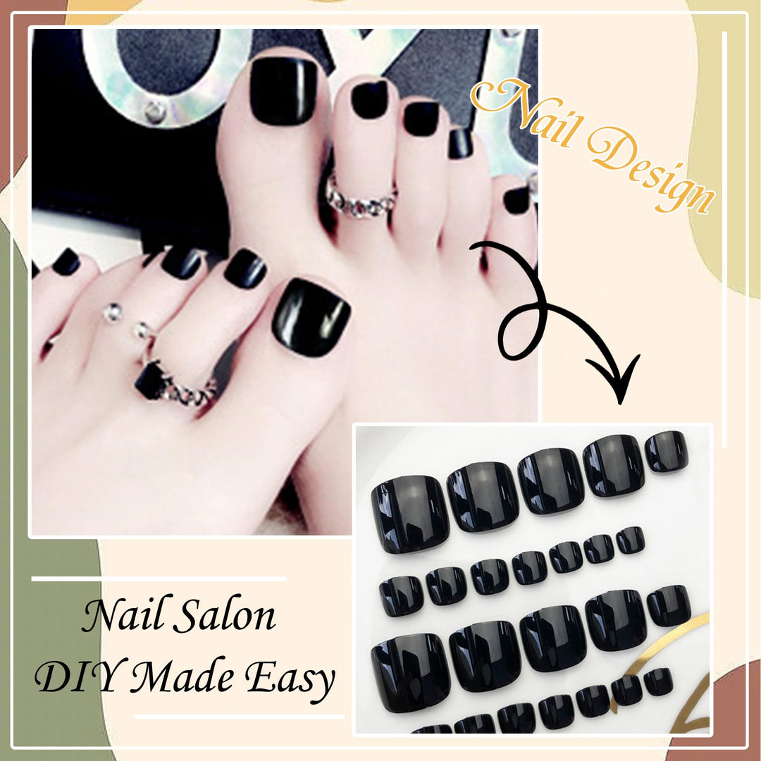 24PCS Solid Color Press On Toe Nails Glossy False Toe Nail Fashion Fake Toenails for Women Full Cover Acrylic Foot Nails Design Toenail Tips (Black)