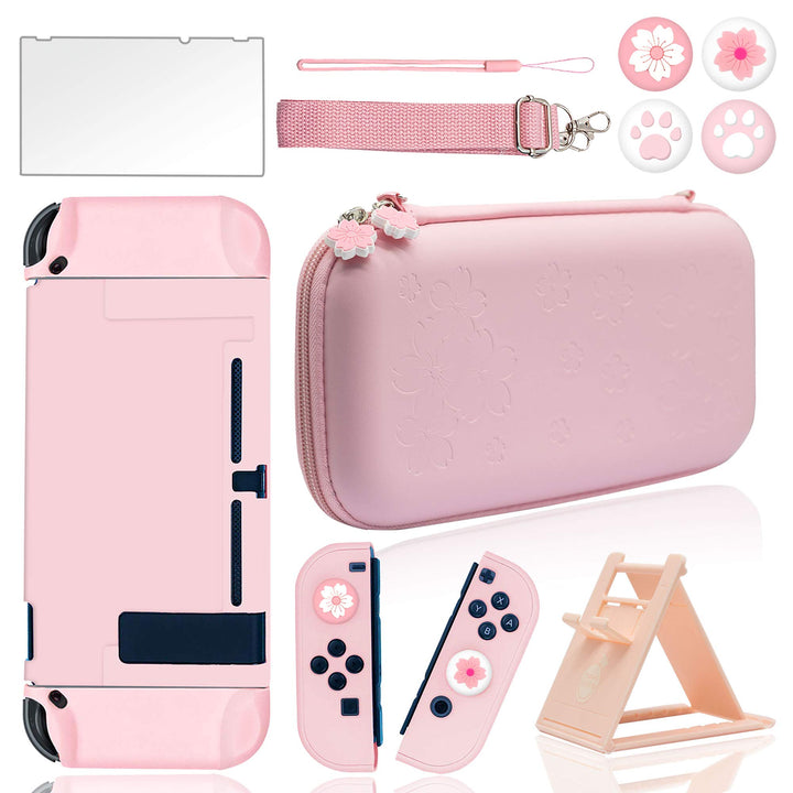 Cute Travel Carrying Case for Nintendo Switch Accessories Kit with Hard Protective Cover, Glass Screen Protector, Adjustable Stand and Thumb Grip Caps 10 in 1(Switch Pink)